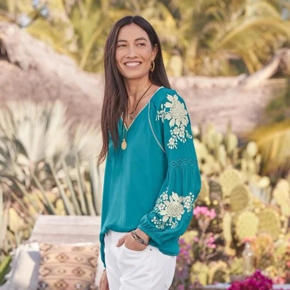 Sundance Women’s Naomi Isles Teal Top with Floral Embroidery Peasant Tunic Boho